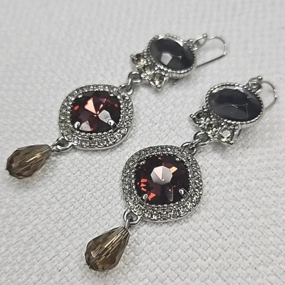 Lia Sophia Silver Statement Tiered Drop Earrings with Burgundy and Gray Sparkle